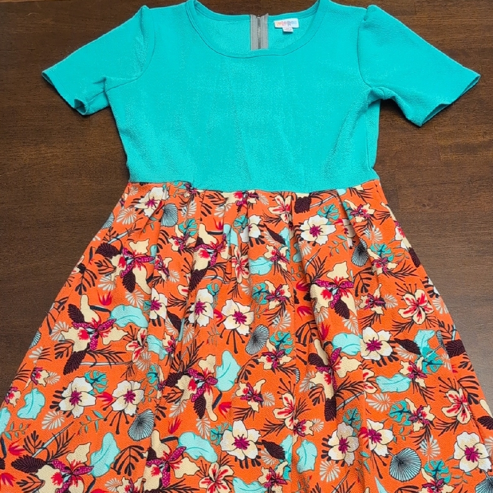 LuLaRoe Amelia Teal Top with Orange Floral Skirt Dress